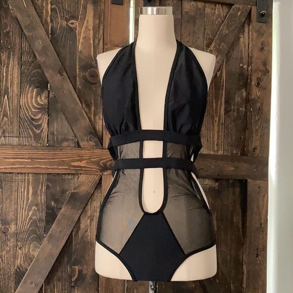 Top melon black strappy monokini Beautiful Open Front Teddy With Halter swimsuit - Picture 5 of 10